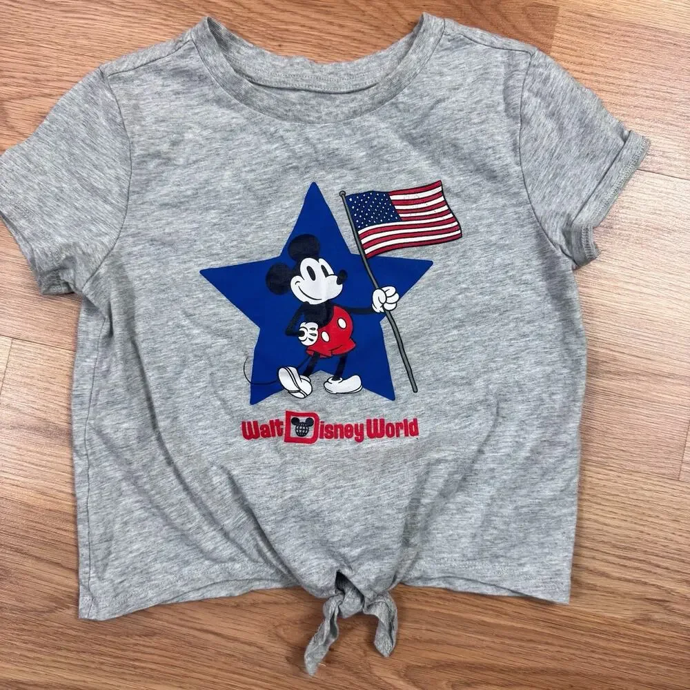 Girls Mickey Mouse Disney World Parks Patriotic USA tee Size 5/6 Gray Tie Front